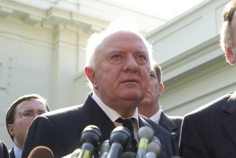 Georgia's President Eduard Shevardnadze speaks with the press after meeting with President George W. Bush at the White House in Washington, D.C., on October 5, 2001. On December 20, 1990, Shevardnadze abruptly resigned as Soviet foreign minister, warning that a "dictatorship is coming." File Photo by Chris Corder/UPI