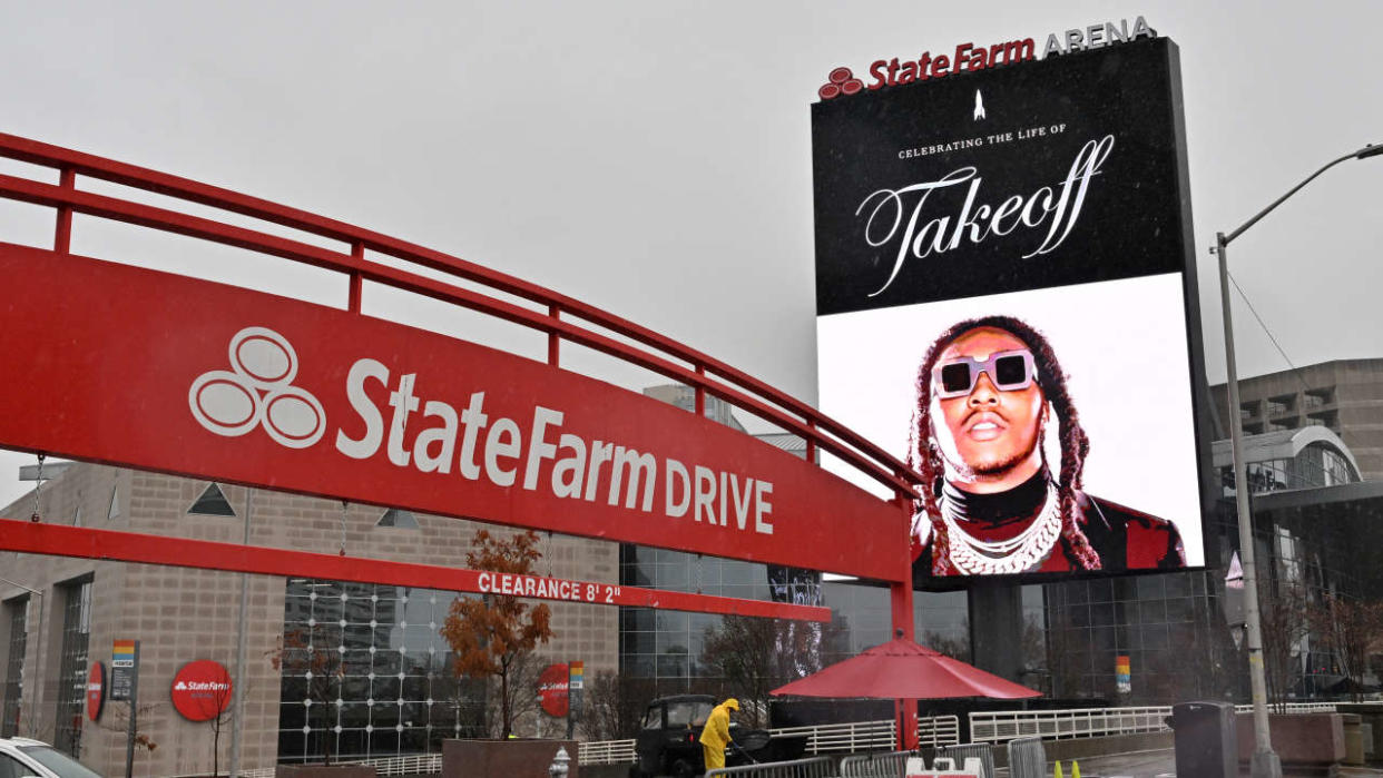 ATLANTA, GEORGIA - NOVEMBER 11: A view of atmosphere during a Celebration of Life for Takeoff of Migos at State Farm Arena on November 11, 2022 in Atlanta, Georgia. Takeoff was fatally shot at 810 Billiards & Bowling in Houston, TX in the early hours of November 1, 2022 at the age of 28.   Derek White/Getty Images/AFP (Photo by Derek White / GETTY IMAGES NORTH AMERICA / Getty Images via AFP)