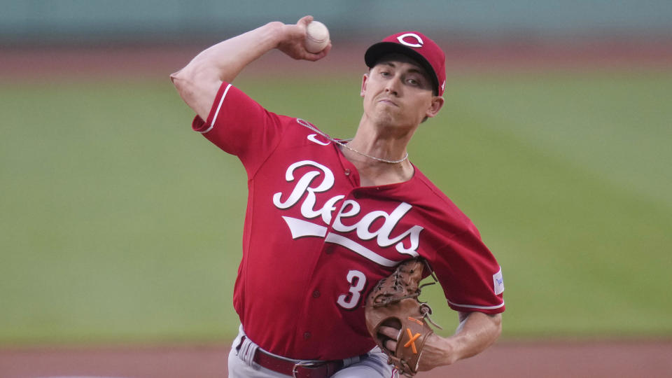 Cincinnati Reds pitcher Luke Weaver delivers during the first inning of the team's baseball game against the Boston Red Sox at Fenway Park, Wednesday, May 31, 2023, in Boston. (AP Photo/Charles Krupa)