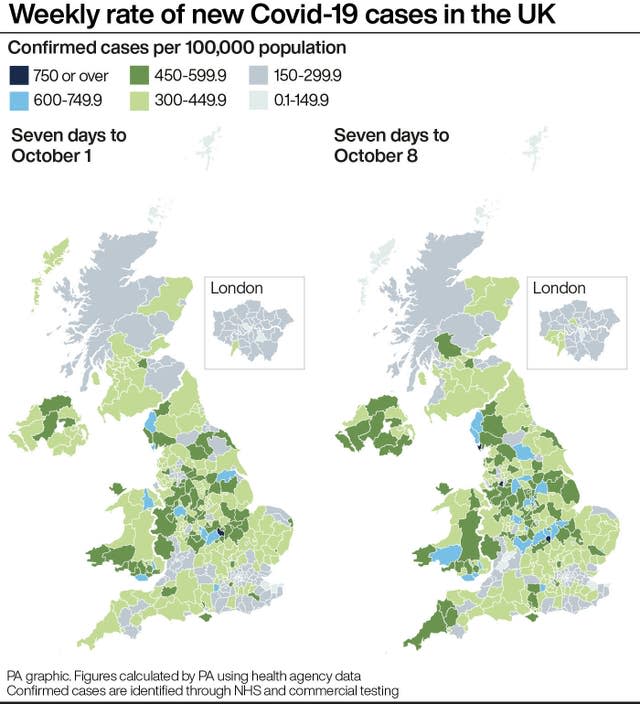 Weekly rate of new Covid-19 cases in the UK