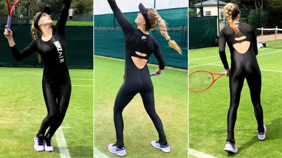 Eugenie Bouchard rocked the black catsuit during practice for Wimbledon. Images: Eugenie Bouchard/Instagram