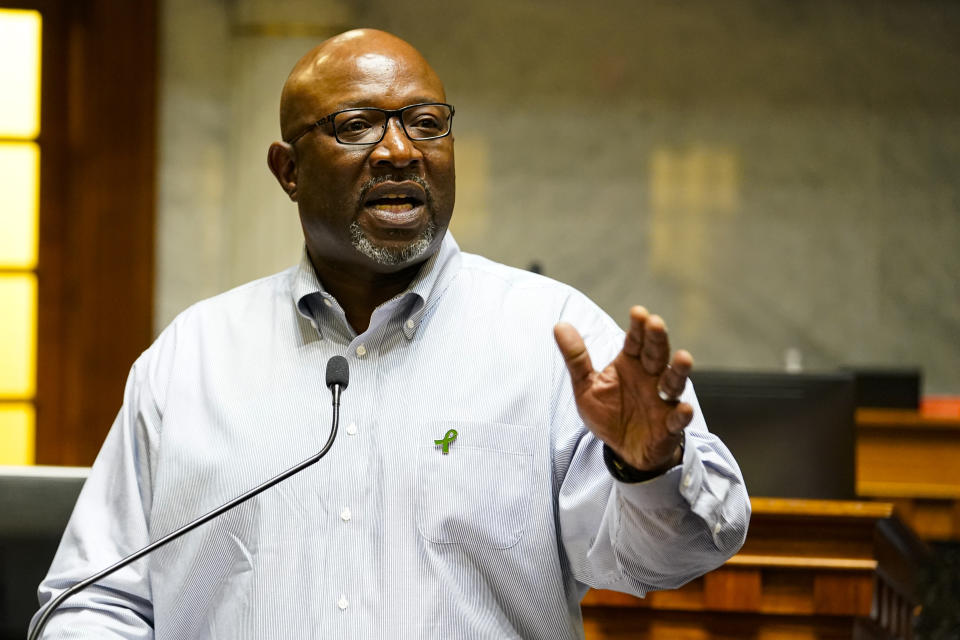 Senate Minority Leader Greg Taylor, D-Indianapolis, responds to proposed legislation on abortion and financial relief offered by Senate Republicans at the Statehouse in Indianapolis, Wednesday, July 20, 2022, that will be introducing in the upcoming special session. (AP Photo/Michael Conroy)