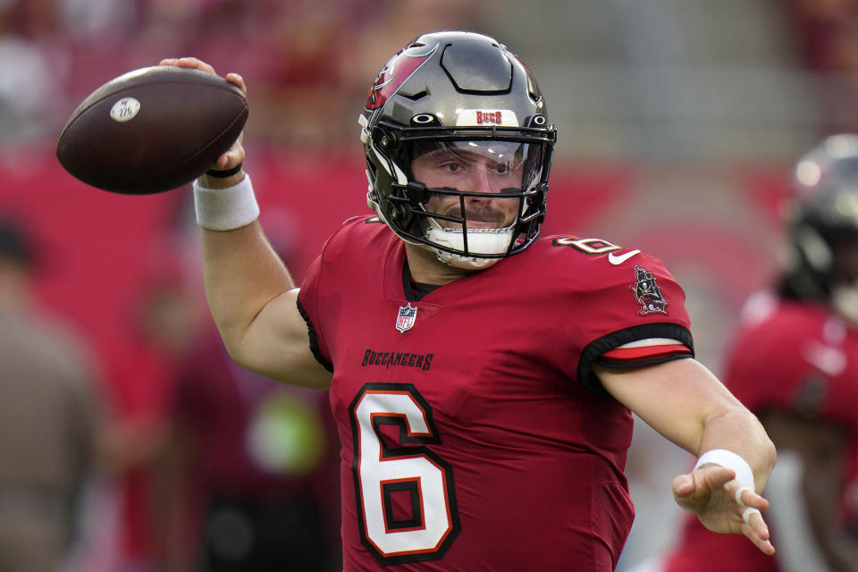Tampa Bay Buccaneers quarterback Baker Mayfield passes during the first half of an NFL preseason football game against the Baltimore Ravens Saturday, Aug. 26, 2023, in Tampa, Fla. (AP Photo/Chris O'Meara)