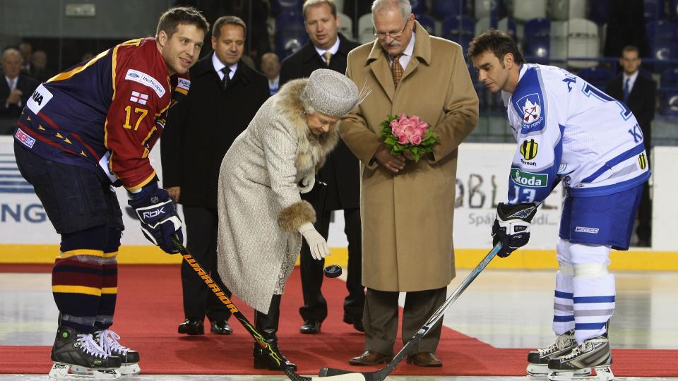 Kicking off a hockey game in Slovenia