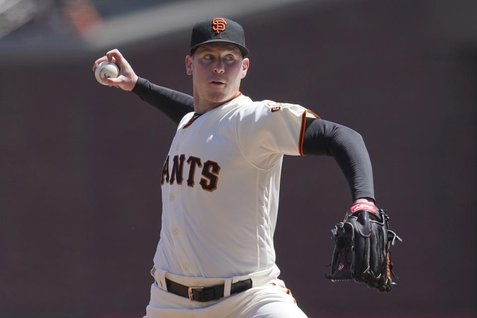 San Francisco Giants pitcher Anthony DeSclafani throws against the Colorado Rockies during the first inning of a baseball game in San Francisco, Sunday, April 11, 2021. (AP Photo/Jeff Chiu)