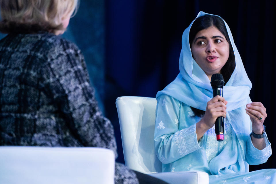 Malala Yousafzai speaks to Hillary Clinton at the Clinton Global Initiative, Tuesday, Sept. 20, 2022, in New York. (AP Photo/Julia Nikhinson)
