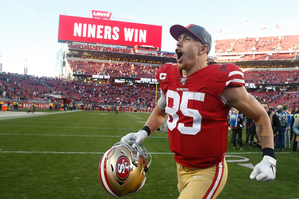 George Kittle #85 of the San Francisco 49ers celebrates after a win against the Minnesota Vikings