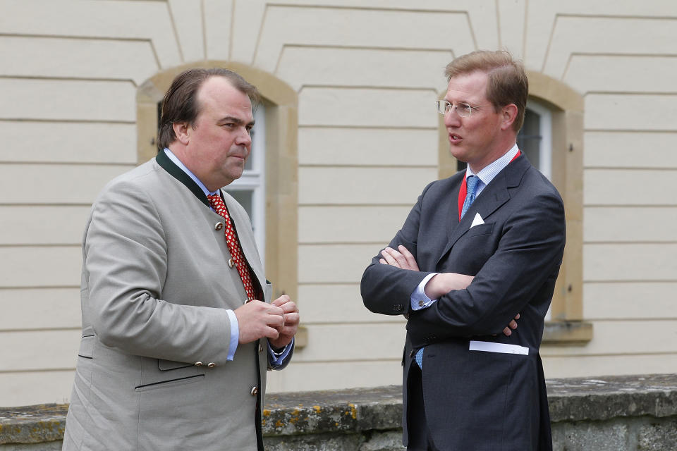 LANGENBURG, GERMANY - MAY 27:  Phillipp Fuerst zu Hohenlohe-Langenburg (L) and Erbprinz Bernhard von Baden (R) attend the visit of Prince Charles, Prince of Wales at Schloss Langenburg on May 27, 2013 in Langenburg, Germany.  (Photo by Thomas Niedermueller/Getty Images)