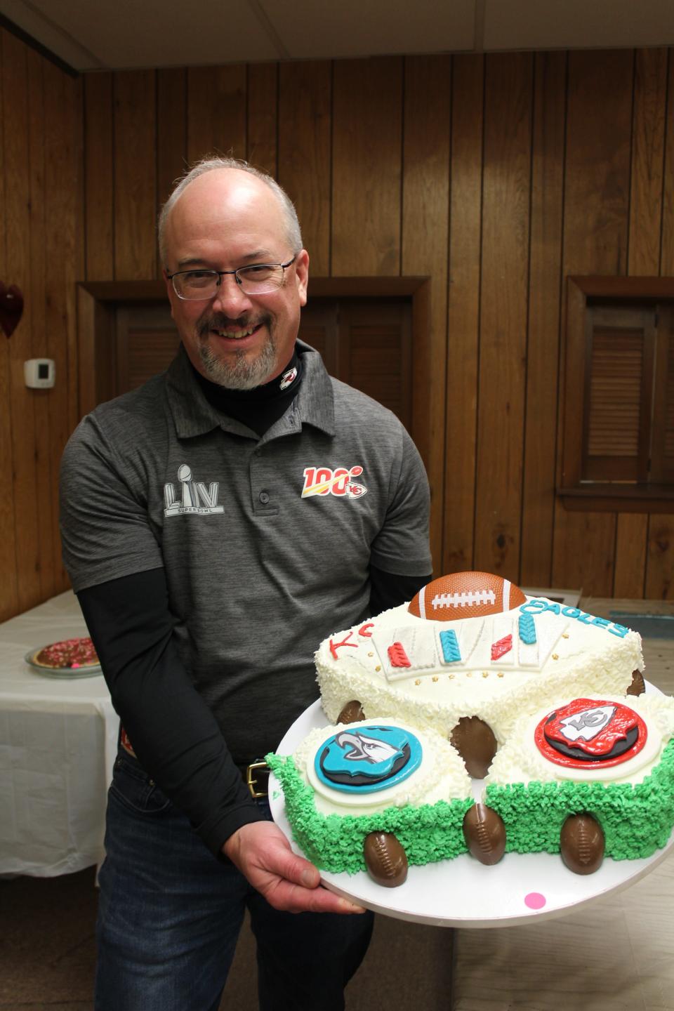 Mark Albright of Meyersdale purchased a Super Bowl cake for $120 made for the Death By Chocolate event in Meyersdale on Friday evening. Albright has been a lifelong Chiefs fan and knew he couldn't pass up the creation made by Helen Smith of Somerset.