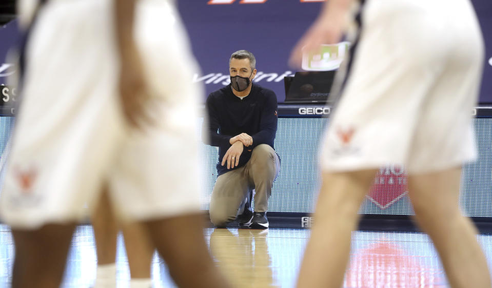 Virginia head coach Tony Bennett watches a play during an NCAA college basketball game against Miami, Monday in Charlottesville, Va. (Andrew Shurtleff/The Daily Progress via AP, Pool)