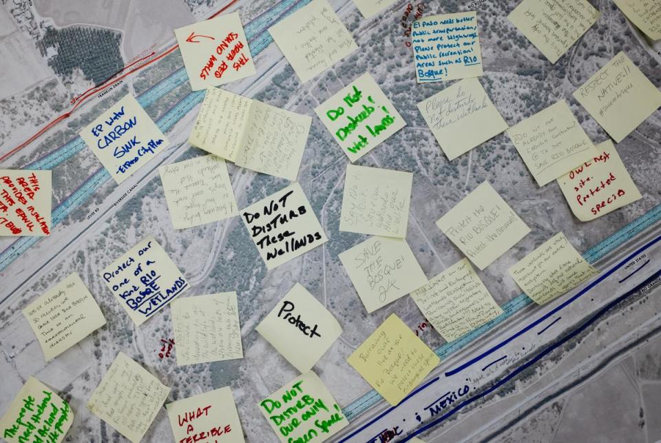 Sticky notes voicing opposition to TxDOT’s proposed expansion of the Loop 375 Border Highway through the Rio Bosque Wetlands Park in Soccorro, Texas on May 2, 2024.