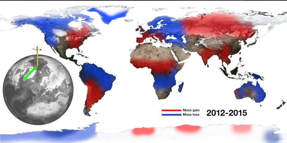 A world map in a gradients of red and blue show how the drought and water-logging around the world may have influenced the world's axis