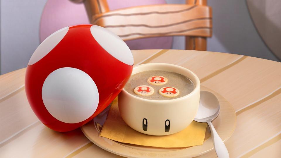 The Super Mushroom Soup comes in a toadstool at Super Nintendo World's Toadstool Cafe, which is inside Universal Studios Hollywood in Southern California.