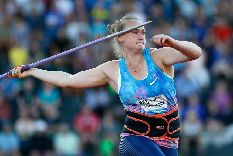 Tatsiana Khaladovich of Belarus throws the javelin during the 2017 Prefontaine Classic Diamond League meet, at Hayward Field in Eugene, Oregon, on May 26