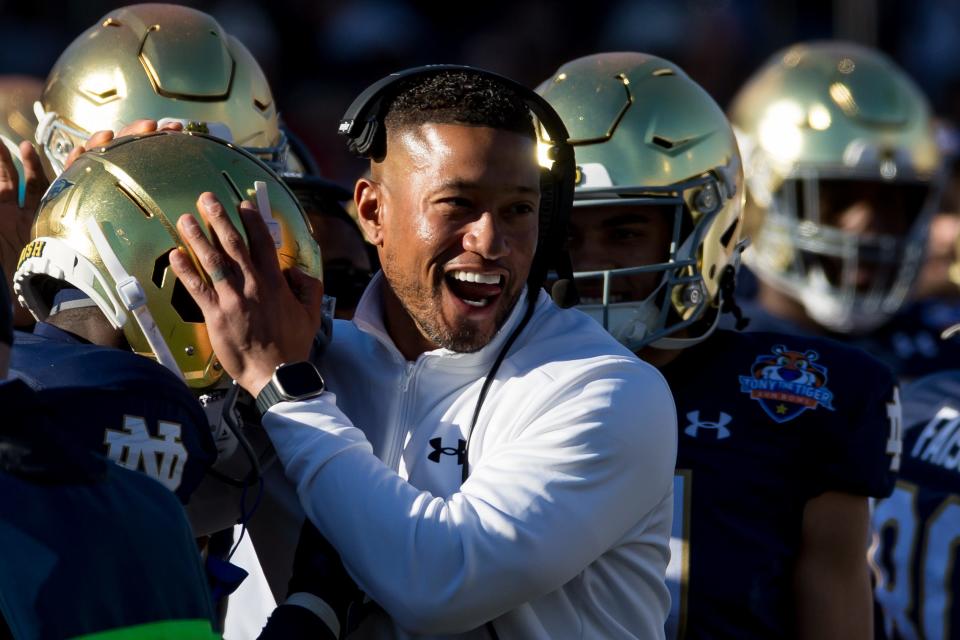 Notre Dame head football coach Marcus Freeman celebrates at the 90th annual Sun Bowl game against Oregon State on Friday, Dec. 29, 2023, at El Paso, Texas. Credit: GABY VELASQUEZ/ EL PASO TIMES-USA TODAY NETWORK