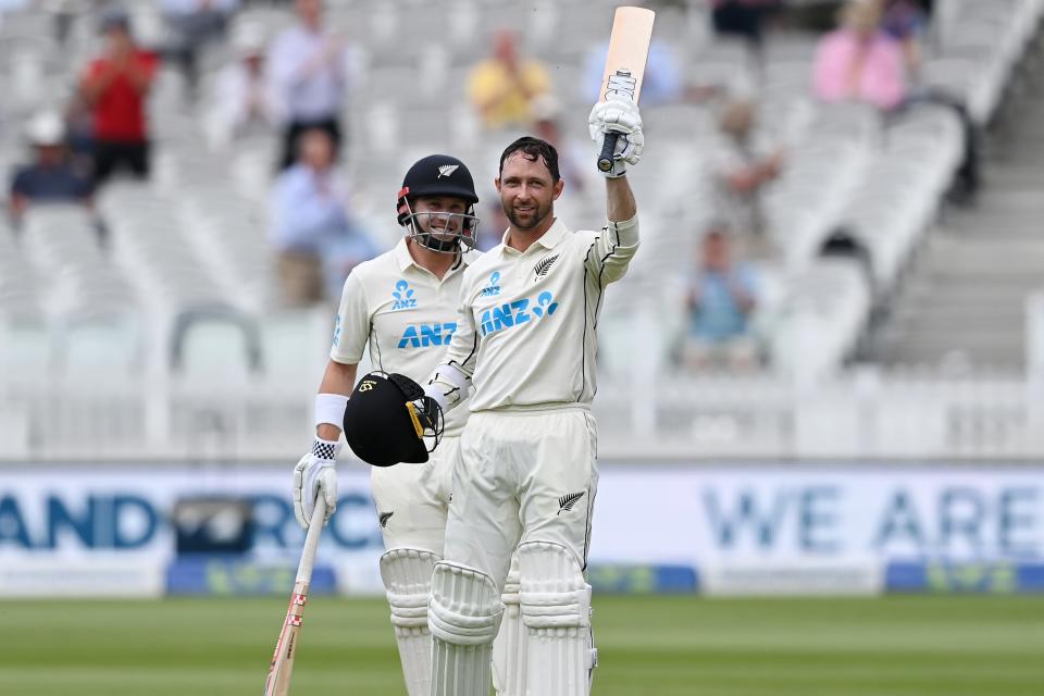 <p>Devon Conway celebrates his century</p> (Getty Images)