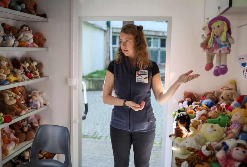 Clinical psychologist Romanova speaks with Reuters in Lviv