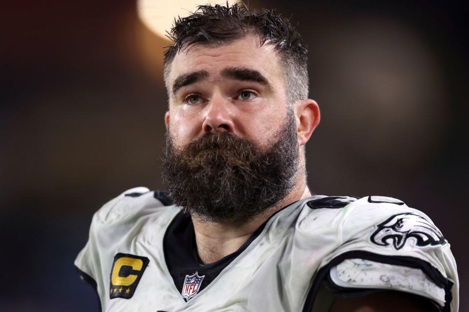 <p>Perry Knotts via AP</p> Philadelphia Eagles center Jason Kelce (62) stands on the sideline during an NFL wild-card playoff football game against the Tampa Bay Buccaneers, Monday, Jan. 15, 2024, in Tampa, Fla. The Buccaneers won 32-9. 