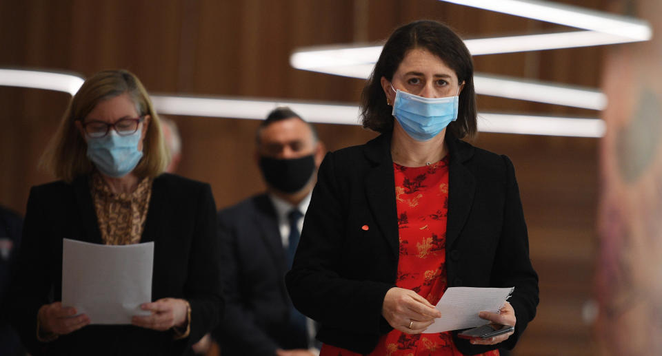 Premier Gladys Berejiklian and NSW Chief Health Officer Dr Kerry Chant during a COVID-19 update in Sydney, Monday, August 30, 2021. Source: AAP