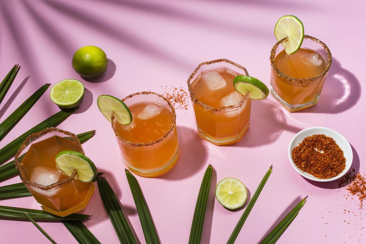 High angle view of drinks on table