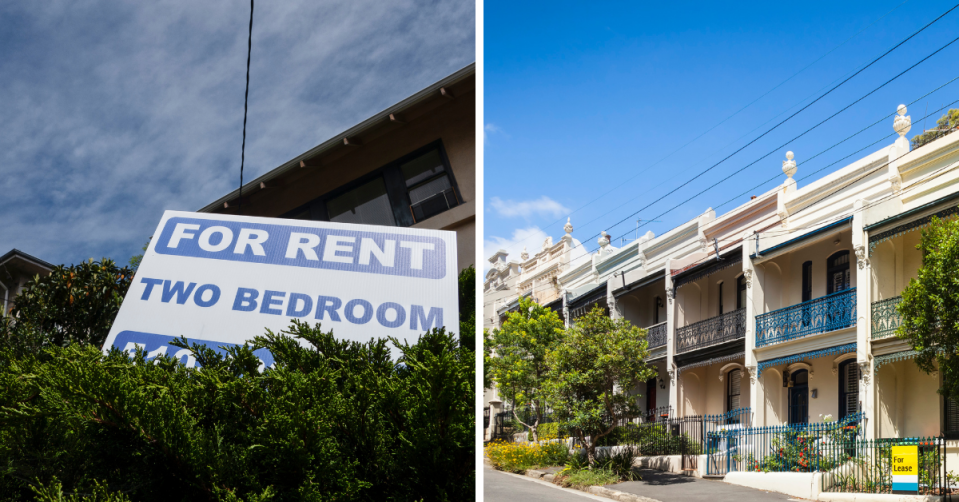 A 'for rent' sign in front of an apartment block that is being leased by a landlord and a row of townhouses in Sydney