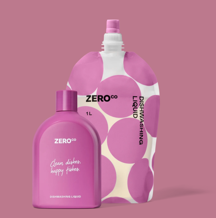 a reusable bottle and refill pouch from green cleaning brand zero co