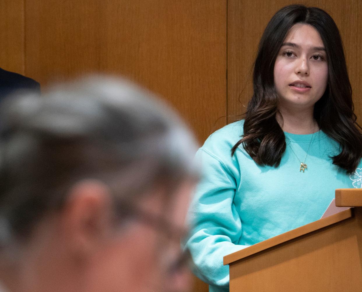 Reina St. Juliana, sister of Hana St. Juliana who was killed in the 2021 Oxford School shooting, makes a victim statement before the sentencing of James and Jennifer in the Oakland County courtroom of Judge Cheryl Matthews on Tuesday, April 9, 2024. The Crumbleys are the parents of the Oxford High School shooter from 2021, and both were found guilty on four counts of involuntary manslaughter.