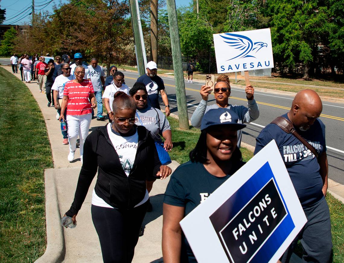 People march during a rally to save St. Augustine’s University in Raleigh, N.C. on Monday, April 29, 2024. The event was organized by the Capital City Hope Foundation, Falcons Unite, and the SAVESAU Coalition.