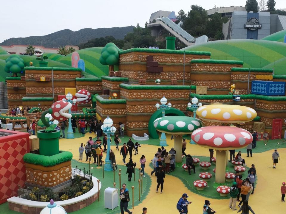 Guests explore during a preview of Super Nintendo World at Universal Studios in Los Angeles, California, on January 13, 2023.