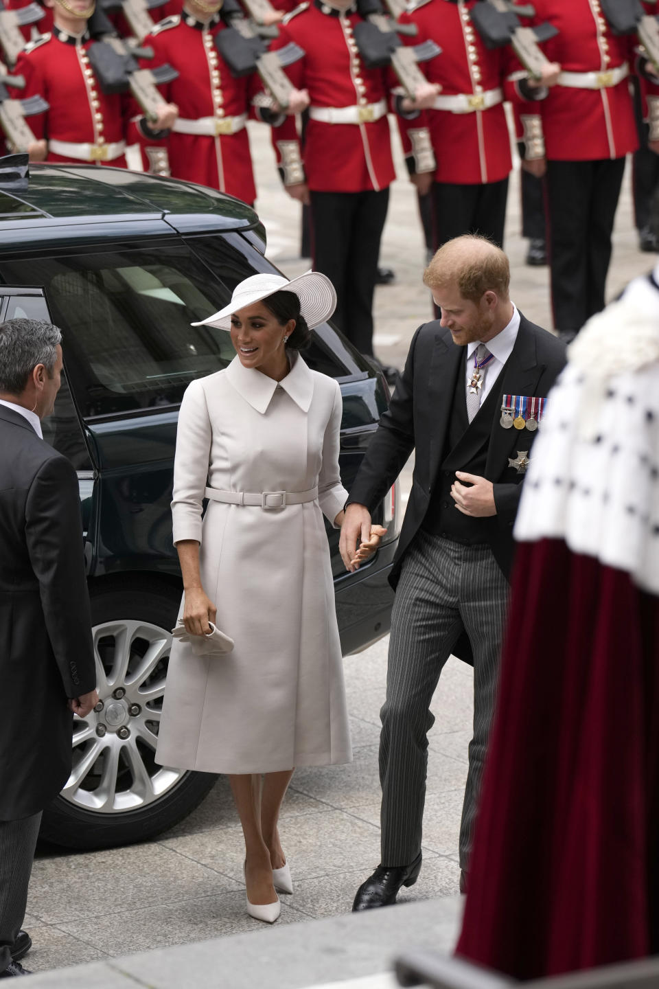 The Duchess of Sussex arrived at the St Paul's Cathedral service with husband Prince Harry. (Getty Images)