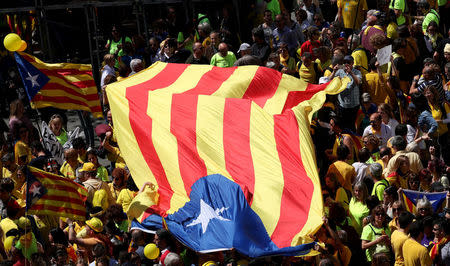 Pro-independence supporters hold a Catalan separatist flag, known as "Estelada", during a demonstration in Barcelona, Spain, April 15, 2018. REUTERS/Albert Gea