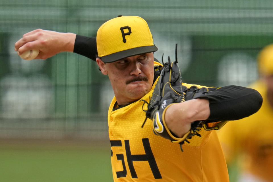 Pittsburgh Pirates starting pitcher Paul Skenes delivers during the second inning of a baseball game against the New York Mets in Pittsburgh, Friday, July 5, 2024. (AP Photo/Gene J. Puskar)