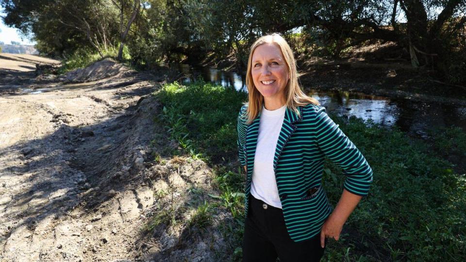 Deputy director SLO County public works, Kate Ballantyne said work is underway to remove 11,000 cubic yards of sediment while retaining habitat. Officials gathered to update the community on repairs to the Arroyo Grande Creek levee in Oceano Oct. 11, 2023.