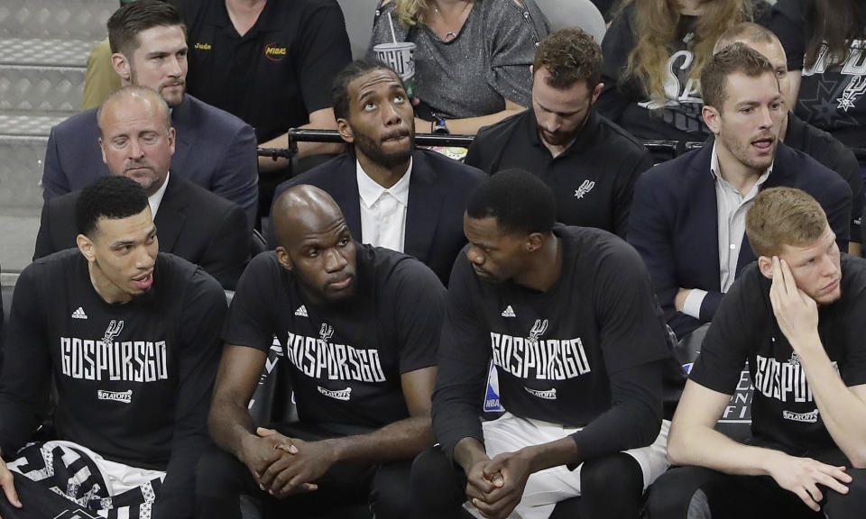 After having to watch from the bench as the Warriors eliminated the Spurs, Kawhi Leonard will get to rejoin the fray. (AP)