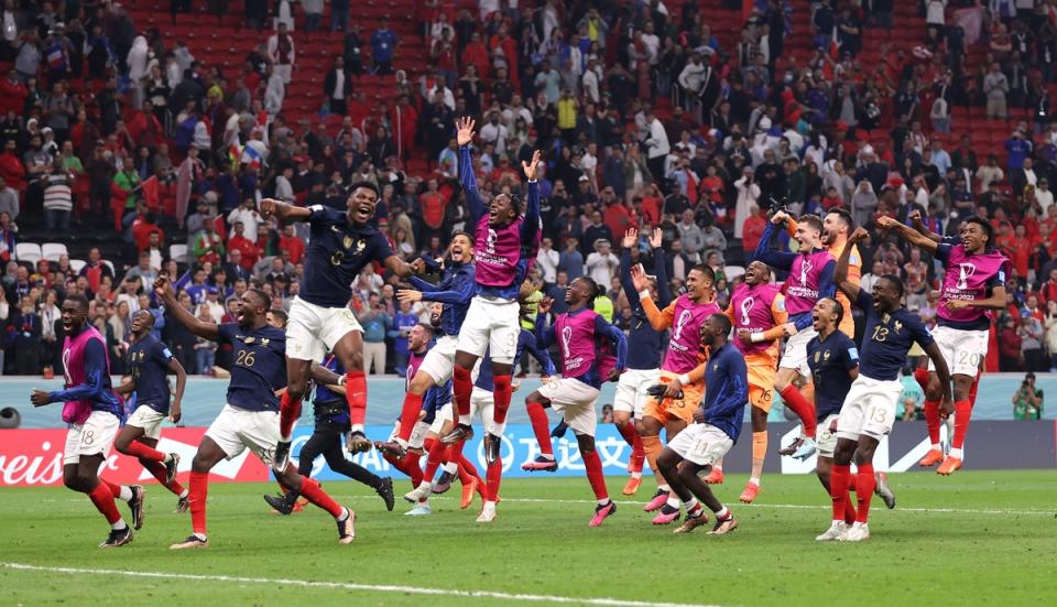 France players celebrate after the team’s victory over Morocco (Getty Images)