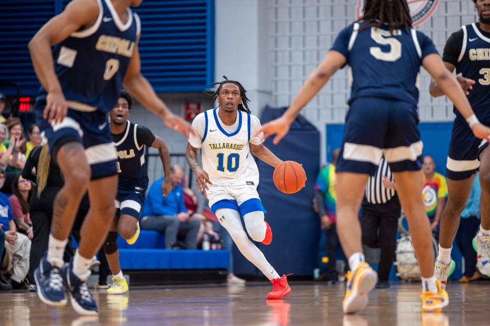 Tallahassee Community College guard Damoni Harrison (10) attempts a free throw as the Eagles host their homecoming men's basketball game against the Chipola College Indians at the Bill Hebrock Eagledome in Tallahassee, Florida, Saturday, February 10, 2024.