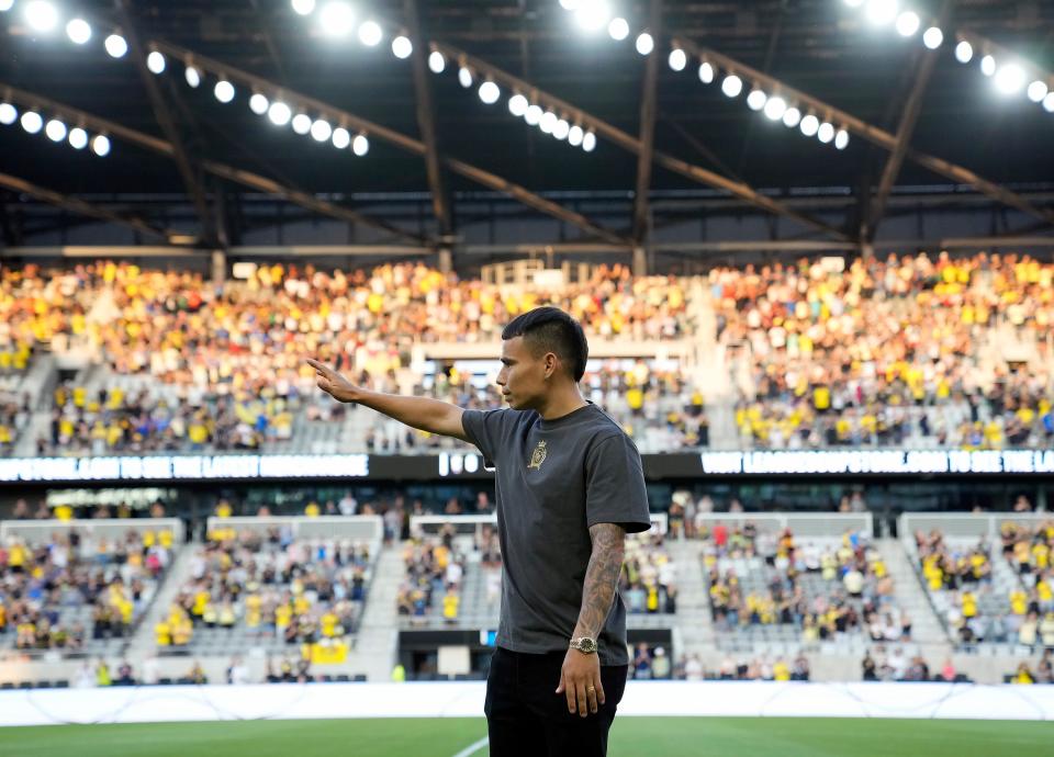 Jul 31, 2023; Columbus, OH, USA; Former Columbus Crew forward Lucas Zelarayan speaks to the fans one last time before the game against Club America in the League Cup group match at Lower.com Field. The Columbus Crew have reached a transfer agreement with Al Fateh of the Saudi Pro League that will send Lucas Zelarayan.