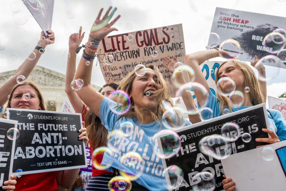 Anti-abortion activists celebrate in response to the Dobbs v Jackson Women's Health Organization ruling, which overturned Roe v. Wade, in front of the U.S. Supreme Court on June 24, 2022. / Credit: BRANDON BELL / Getty Images