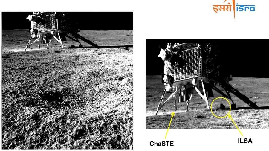 This image provided by the Indian Space Research Organisation shows the Vikram lander, taken by the Pragyan rover, on the surface of the moon on Aug. 30, 2023. In 2023, India became the fourth country to land on the moon. (ISRO via AP)