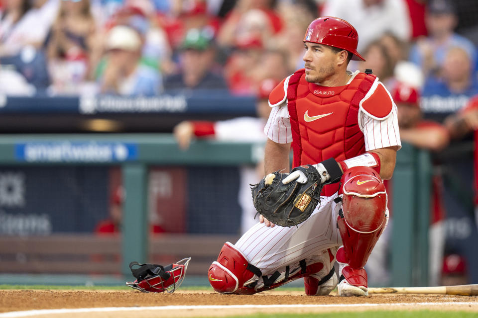 Philadelphia Phillies catcher J.T. Realmuto looks on during the baseball game against the Milwaukee Brewers, Monday, June 3, 2024, in Philadelphia. The Phillies won 3-1. (AP Photo/Chris Szagola)