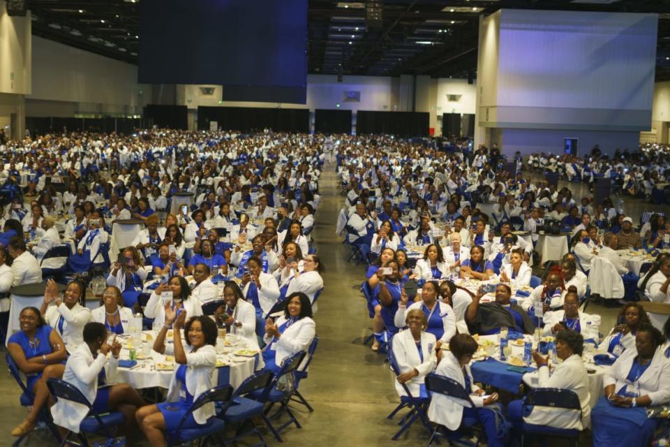 Sorority members listen as United States Vice President and Democratic Presidential candidate Kamala Harris gives the keynote speech at Zeta Phi Beta