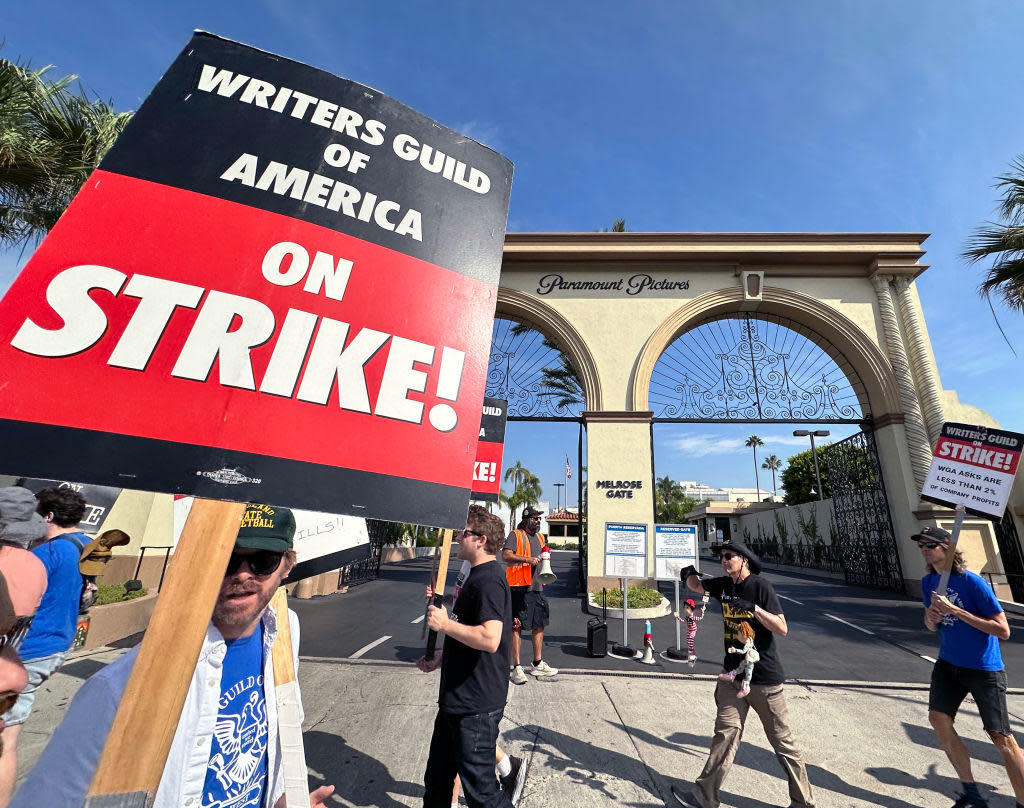 Picketers walk the picket line outside Paramount Studios on September 22, 2023. / Credit: David Livingston/Getty Images