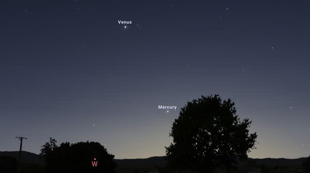<p>Stellarium</p> Mercury low on the western horizon on April 11th. This simulated image shows the night sky at approximately 8:30 p.m. EST
