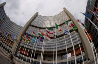 The Iranian and other flags flutter in front of the International Atomic Energy Agency (IAEA) organisation's headquarters in Vienna