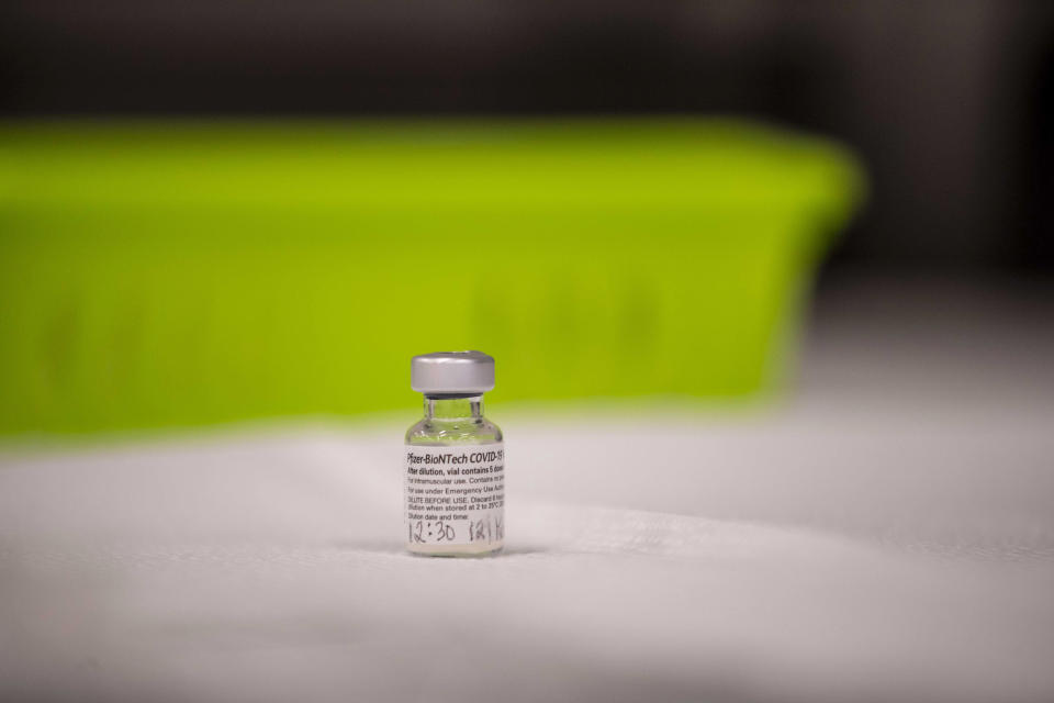 The COVID-19 Pfizer BioNTech vaccination waits to be administered at the Gwinnett, Rockdale and Newton County Health Department's district office in Lawrenceville, Ga., Wednesday, Dec. 16, 2020. The Gwinnett district received 2,000 Pfizer vaccines for distribution. (Alyssa Pointer/Atlanta Journal-Constitution via AP)