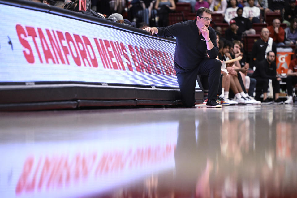 Stanford coach Jerod Haase watches the team during the second half of an NCAA college basketball game against Oregon State on Saturday, Feb. 24, 2024, in Stanford, Calif. (AP Photo/Nic Coury)