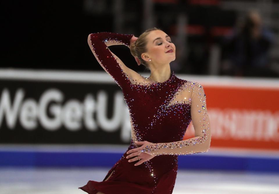 Heidi Munger performs during the ladies free skate at the 2019 U.S. Figure Skating Championships at Little Caesars Arena in Detroit, Friday, January 25, 2019.
