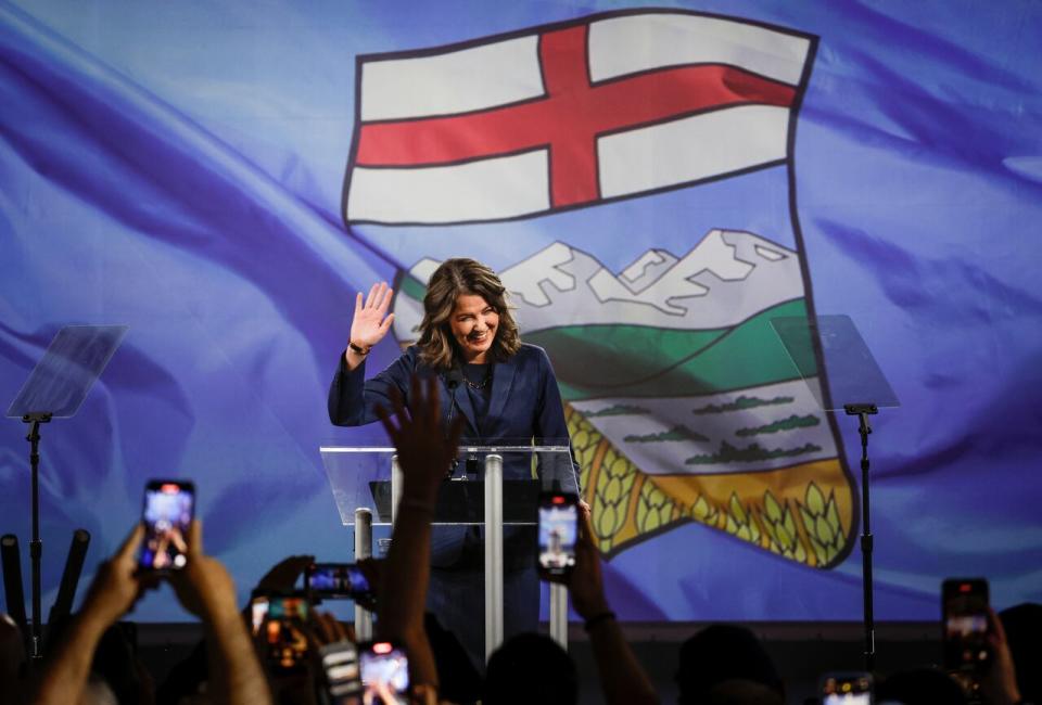 UCP Leader Danielle Smith makes her victory speech in Calgary on May 29, 2023. Alberta's United Conservative Party rode a wave of rural support Monday to win a renewed majority in the provincial election, but not before the NDP took a big bite out of its support.