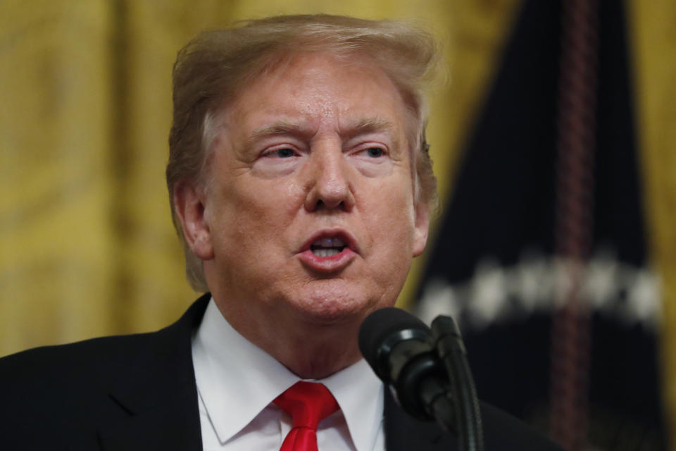 President Donald Trump speaks before signing an executive order requiring colleges to certify that their policies support free speech as a condition of receiving federal research grants, Thursday March 21, 2019, in the East Room of the White House in Washington. (AP Photo/Jacquelyn Martin)