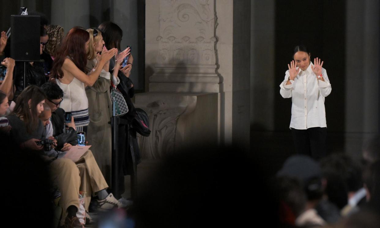 <span>Grace Wales Bonner being applauded on the catwalk at her menswear spring/summer 2025 show, held at the Musée des Arts Décoratifs.</span><span>Photograph: Giovanni Giannoni/WWD/Getty Images</span>